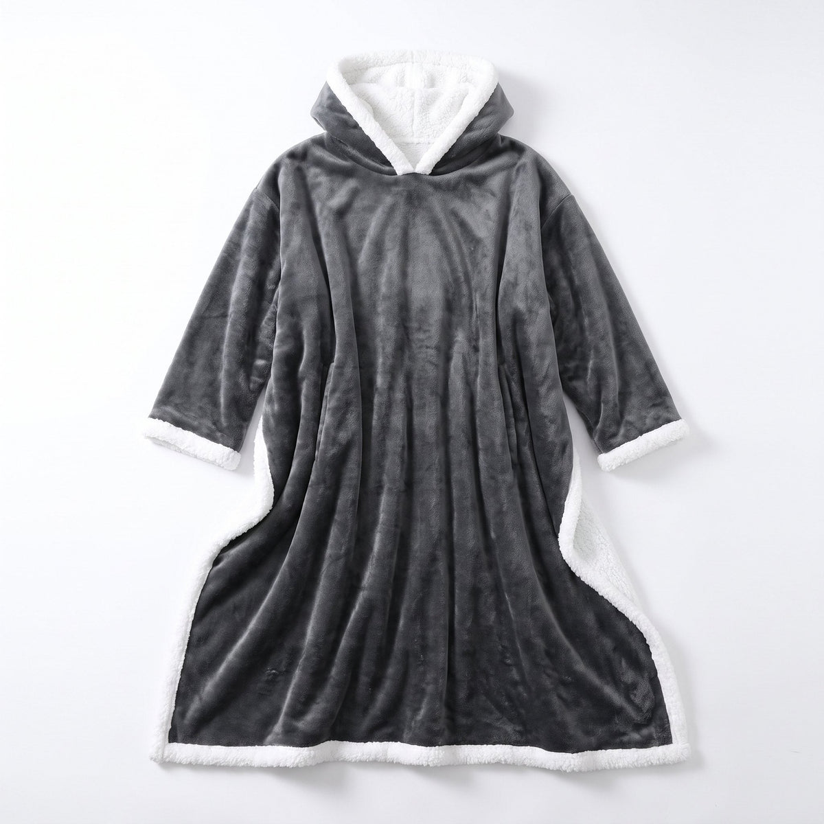 Wearable Heated Blanket laid flat showing hood, two sleeves and sherpa trim